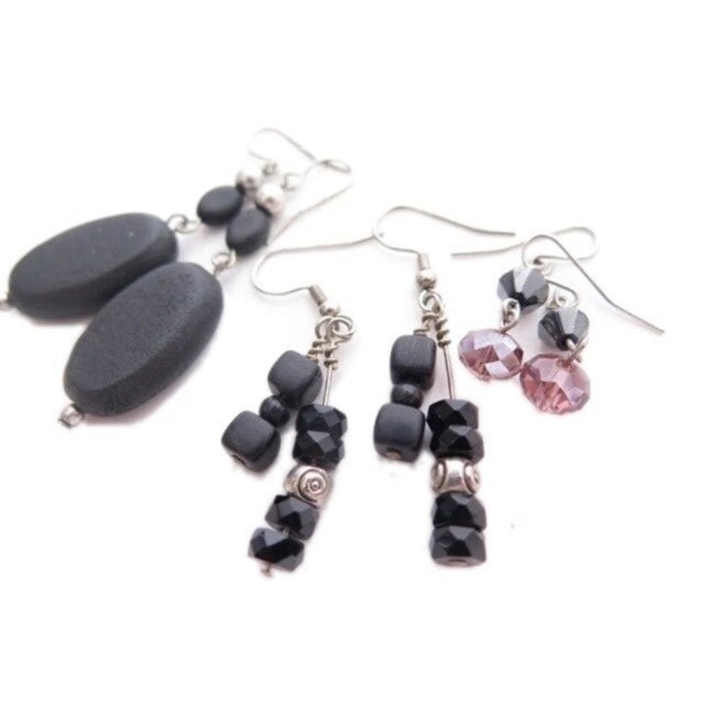 Black, Silver & Crystal Beaded Earrings‎ Jewelry Lot 3 Pairs